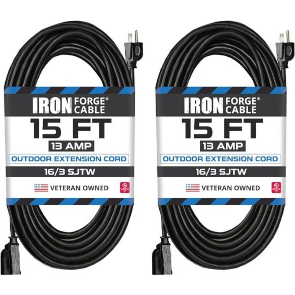 2 Pack Outdoor Extension Cord 15 ft, 16/3 SJTW Heavy Duty Black Extension Cord